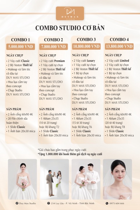 Bảng giá Duy Max Studio 2026–2027: Combo Studio Cơ Bản 1–4 (chưa gồm trang phục ngày cưới) — 5.000.000đ đến 13.800.000đ
