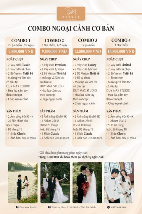 Bảng giá Duy Max Studio 2026–2027: Combo Ngoại Cảnh Cơ Bản 1–4 (chưa gồm trang phục ngày cưới) — 7.800.000đ đến 15.800.000đ