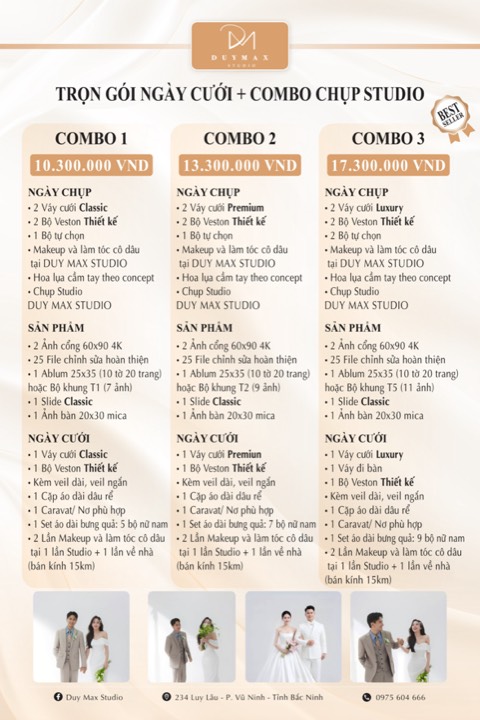 Bảng giá Duy Max Studio 2026–2027: Trọn gói Ngày cưới + Combo chụp Studio 1–3 — 10.300.000đ đến 17.300.000đ