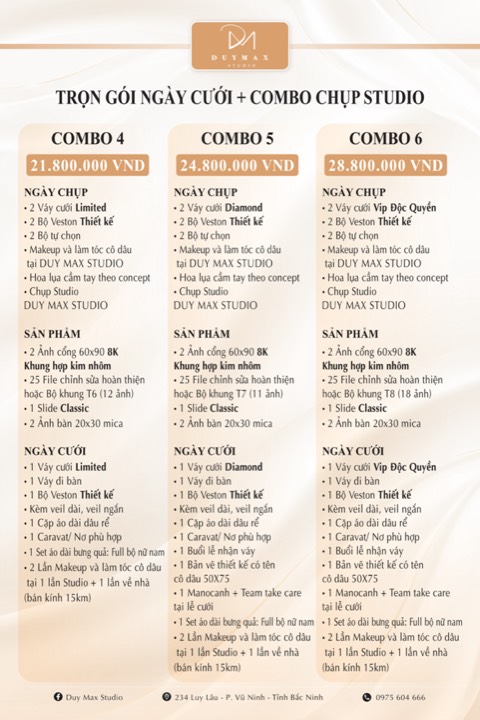Bảng giá Duy Max Studio 2026–2027: Trọn gói Ngày cưới + Combo chụp Studio 4–6 — 21.800.000đ đến 28.800.000đ
