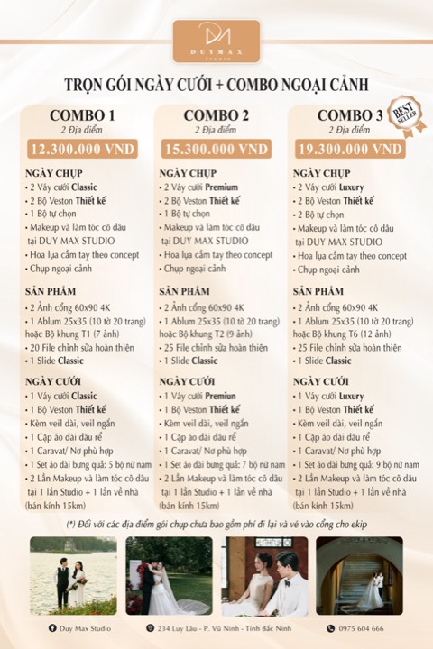 Bảng giá Duy Max Studio 2026–2027: Trọn gói Ngày cưới + Combo Ngoại cảnh 1–3 (2 địa điểm) — 12.300.000đ đến 19.300.000đ