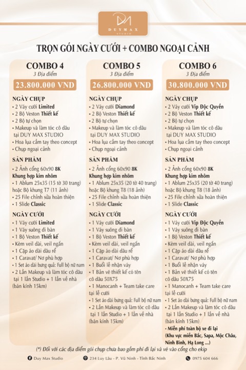 Bảng giá Duy Max Studio 2026–2027: Trọn gói Ngày cưới + Combo Ngoại cảnh 4–6 (3 địa điểm) — 23.800.000đ đến 30.800.000đ