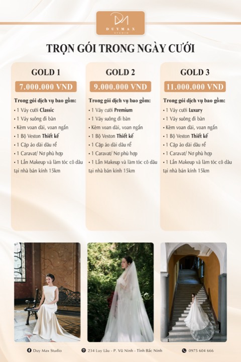 Bảng giá Duy Max Studio 2026–2027: Trọn gói trong Ngày cưới Gold 1–3 — 7.000.000đ đến 11.000.000đ