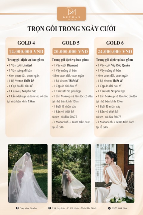 Bảng giá Duy Max Studio 2026–2027: Trọn gói trong Ngày cưới Gold 4–6 — 14.000.000đ đến 24.000.000đ