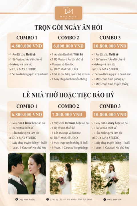 Bảng giá Duy Max Studio 2026–2027: Trọn gói Ngày ăn hỏi và Lễ nhà thờ / tiệc báo hỷ