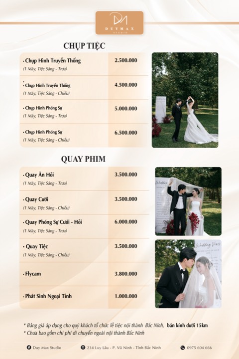 Bảng giá Duy Max Studio 2026–2027: Báo giá chụp tiệc, quay phim, flycam