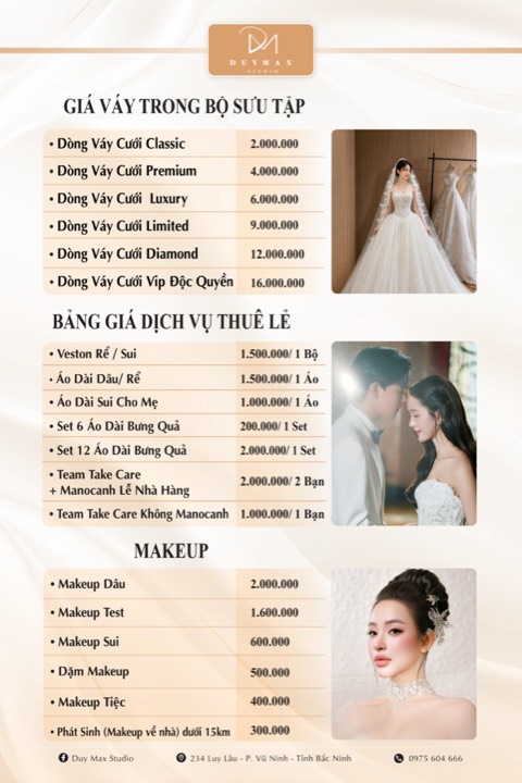 Bảng giá Duy Max Studio 2026–2027: Giá váy trong bộ sưu tập, thuê lẻ và makeup