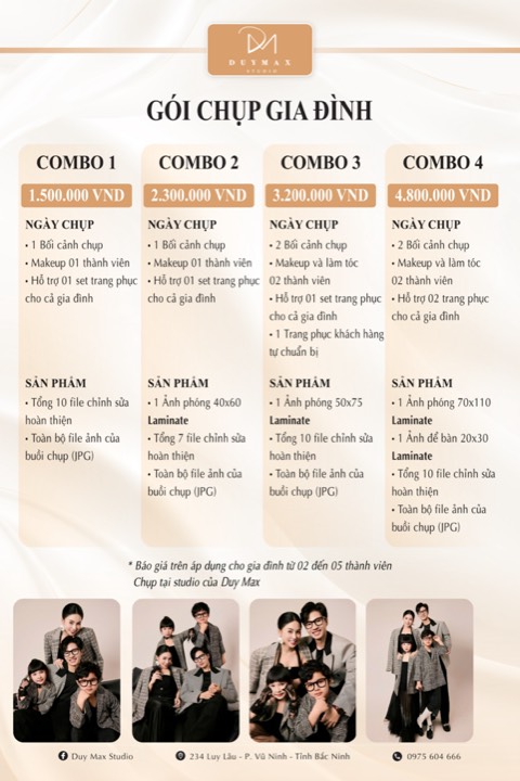 Bảng giá Duy Max Studio 2026–2027: Gói chụp gia đình Combo 1–4 — 1.500.000đ đến 4.800.000đ