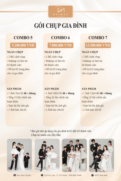 Bảng giá Duy Max Studio 2026–2027: Gói chụp gia đình Combo 5–7 — 5.200.000đ đến 13.500.000đ
