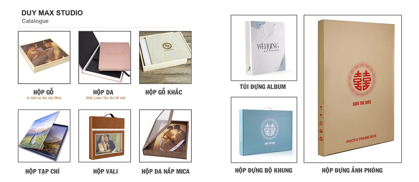Hộp gỗ, hộp da, hộp gỗ khắc, hộp tạp chí, hộp vali, hộp da nắp mica, túi đựng album và hộp đựng ảnh phóng — Duy Max Studio