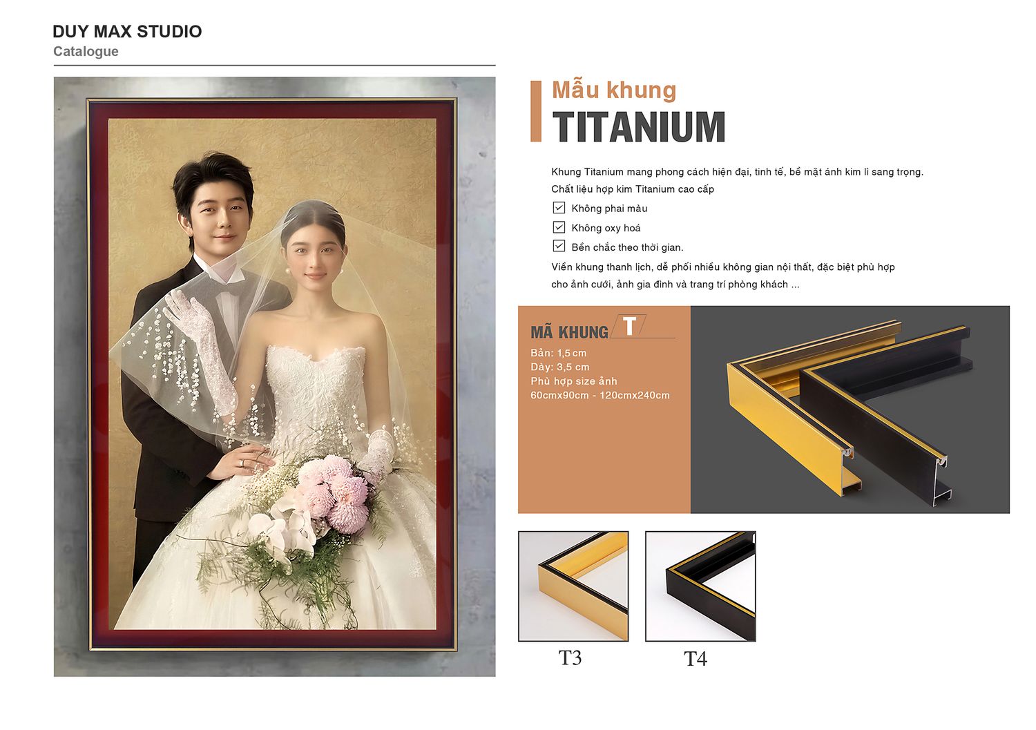 Khung Titanium mã T, màu T3–T4, cho ảnh khổ lớn — catalogue Duy Max Studio