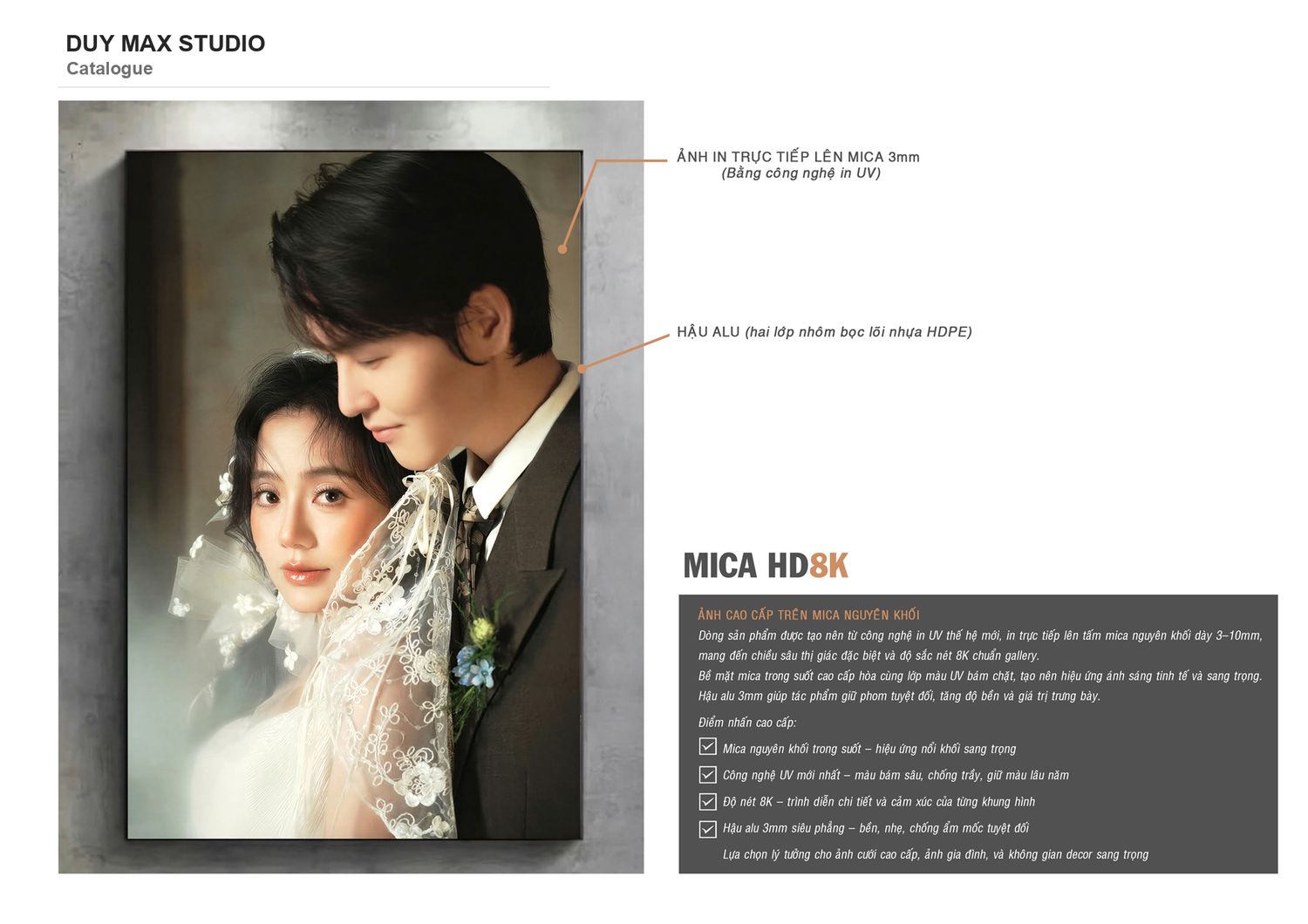 Trang catalogue Mica HD 8K — ảnh in trực tiếp lên mica 3mm, hậu alu — Duy Max Studio