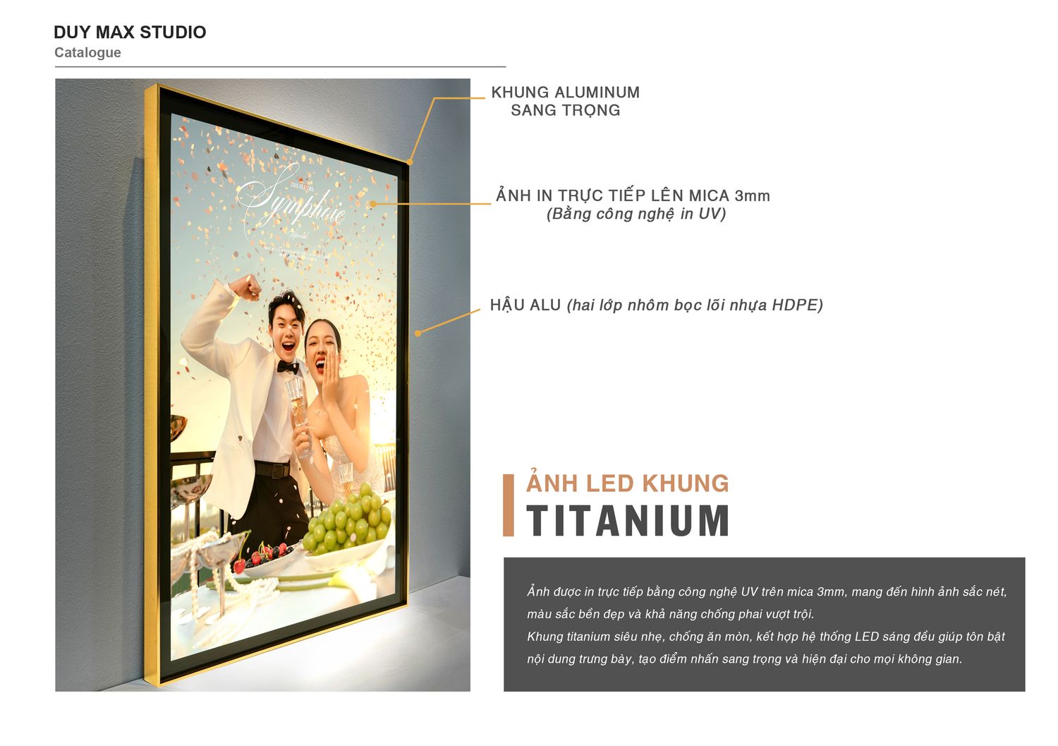 Trang catalogue ảnh LED khung Titanium — Duy Max Studio